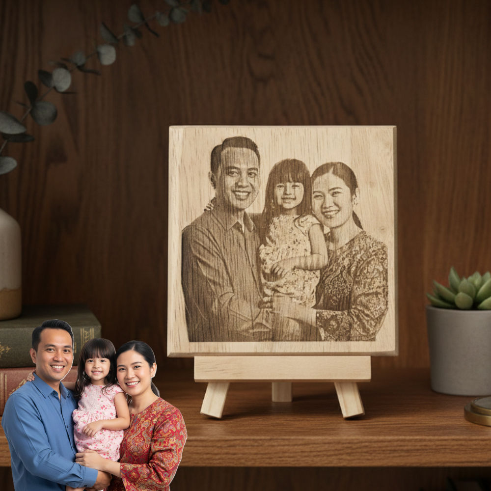 Custom Photo Engraved Rubber Wood Desk Plaque (13cm) - Personalized Keepsake Gift with FREE Stand & Box - Ukiran gambar custom kayu