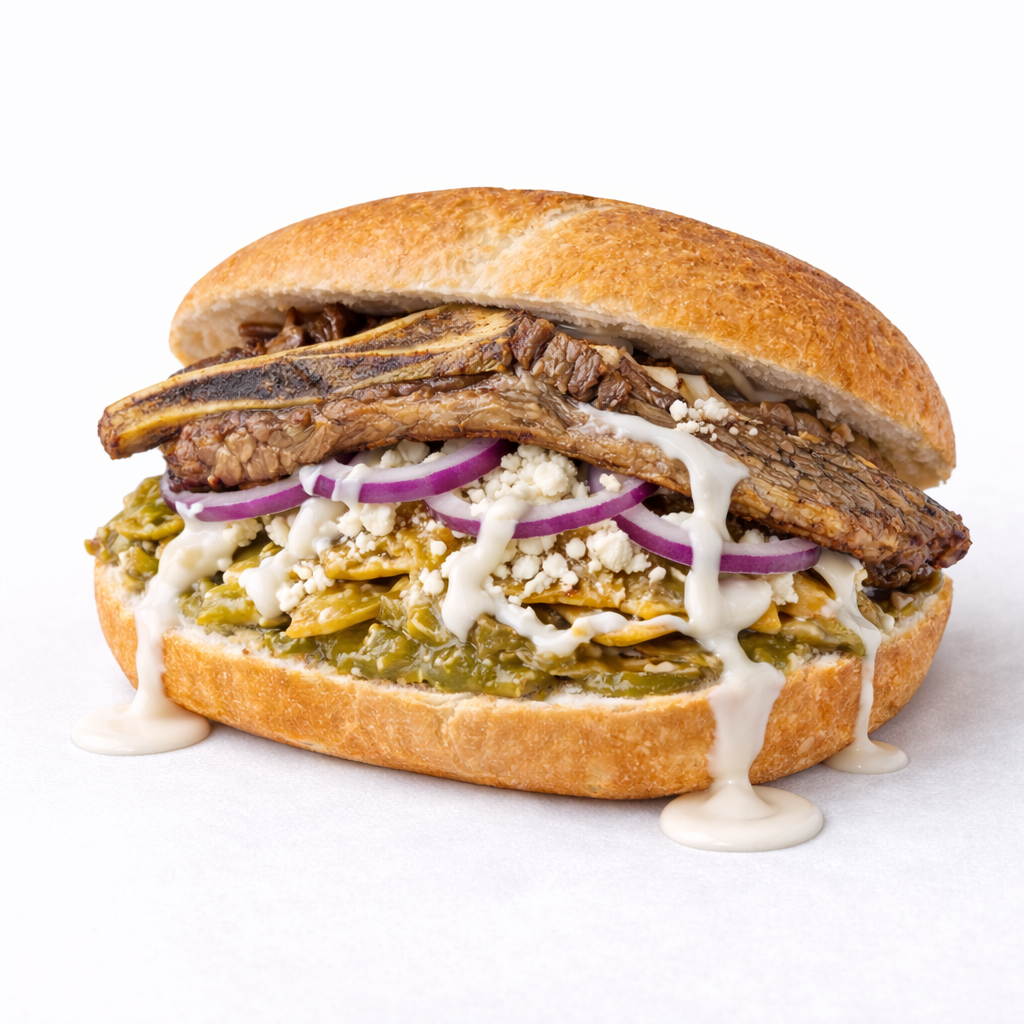 Torta de Chilaquiles con Costilla Asada