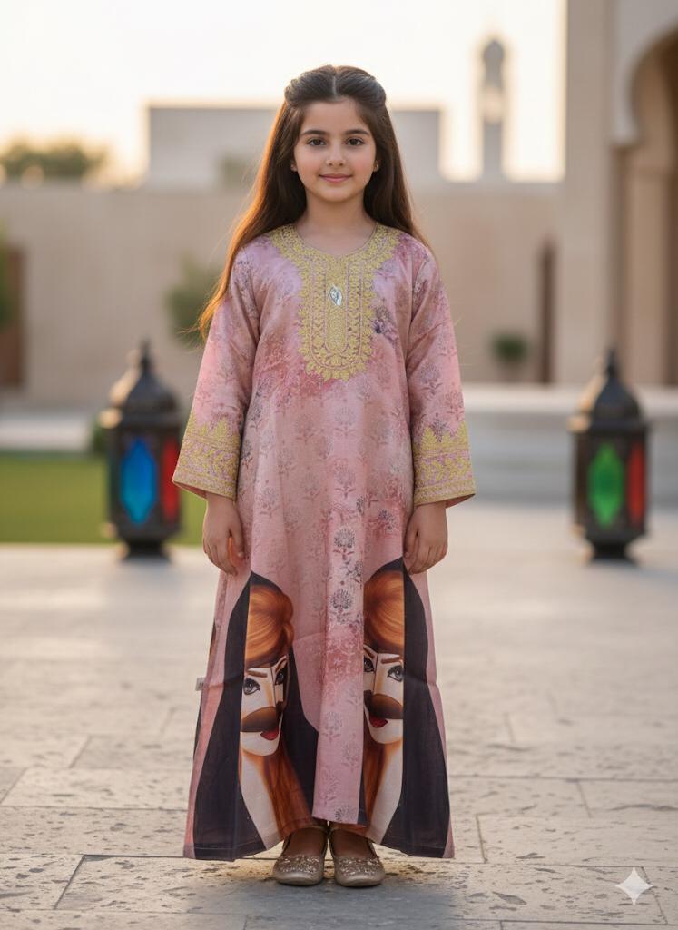 pink printed embroidered jalabiya _0
