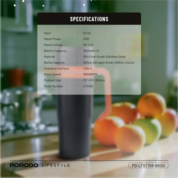 PORODO LIFESTYLE 6 BLADE PORTABLE BLENDER INSULATED MUG BLACK ORANGE PD-LFST159-BKOG