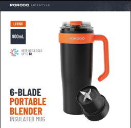 PORODO LIFESTYLE 6 BLADE PORTABLE BLENDER INSULATED MUG BLACK ORANGE PD-LFST159-BKOG