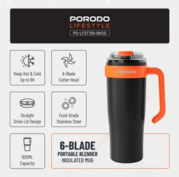 PORODO LIFESTYLE 6 BLADE PORTABLE BLENDER INSULATED MUG BLACK ORANGE PD-LFST159-BKOG