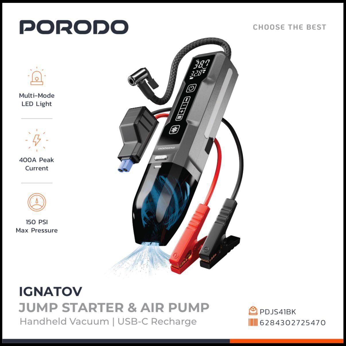 Porodo Ignatov Jump Starter & Air Pump with Handheld Vacuum & USB-C Recharge - Black_0