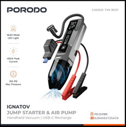 Porodo Ignatov Jump Starter & Air Pump with Handheld Vacuum & USB-C Recharge - Black
