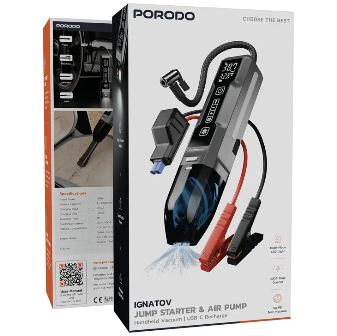 Porodo Ignatov Jump Starter & Air Pump with Handheld Vacuum & USB-C Recharge - Black_1