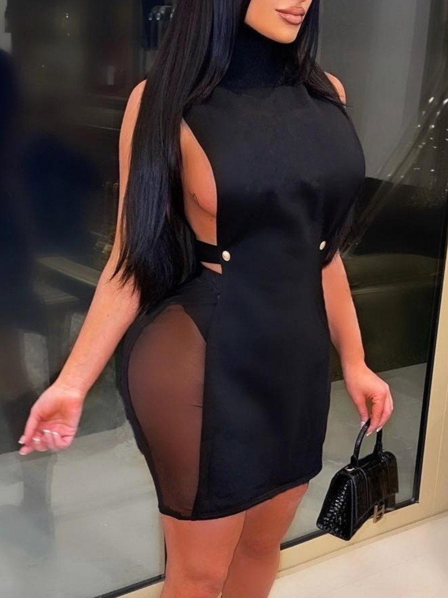 SEXY Mesh Solid Mini Dress