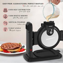 Porodo Vertical Waffle Maker 800W, 210ml Capacity, 5 Heat Level, Batter Tray, Nonstick Plate, 3Min Waffle Making, Vertical Pouring, Compact Smart Design, Even Heat Distribution, UK 3-Pin Plug - Black