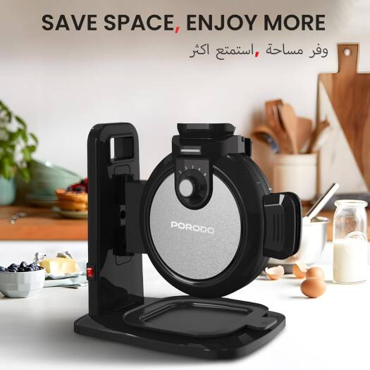 Porodo Vertical Waffle Maker 800W, 210ml Capacity, 5 Heat Level, Batter Tray, Nonstick Plate, 3Min Waffle Making, Vertical Pouring, Compact Smart Design, Even Heat Distribution, UK 3-Pin Plug - Black_5