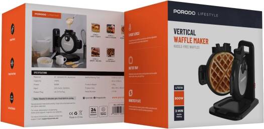 Porodo Vertical Waffle Maker 800W, 210ml Capacity, 5 Heat Level, Batter Tray, Nonstick Plate, 3Min Waffle Making, Vertical Pouring, Compact Smart Design, Even Heat Distribution, UK 3-Pin Plug - Black_8