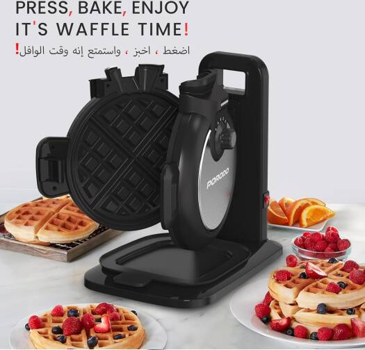 Porodo Vertical Waffle Maker 800W, 210ml Capacity, 5 Heat Level, Batter Tray, Nonstick Plate, 3Min Waffle Making, Vertical Pouring, Compact Smart Design, Even Heat Distribution, UK 3-Pin Plug - Black