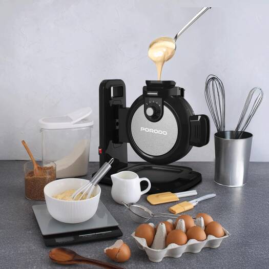 Porodo Vertical Waffle Maker 800W, 210ml Capacity, 5 Heat Level, Batter Tray, Nonstick Plate, 3Min Waffle Making, Vertical Pouring, Compact Smart Design, Even Heat Distribution, UK 3-Pin Plug - Black_1
