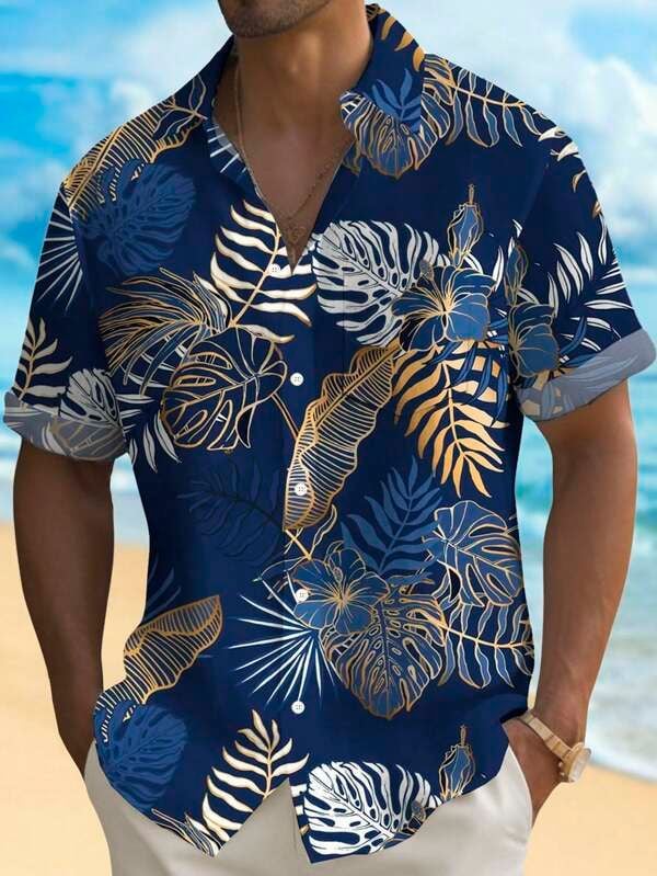 Blue and gold floral button down shirt_0