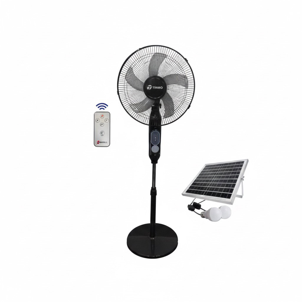 TINMO 18 inches Solar rechargeable standing fan with remote and solar panel with bulbs