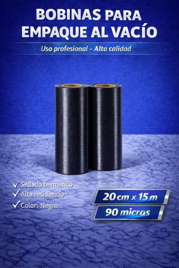Bobina rollo de empaque al vacío fondo negro corrugado 20cm de ancho por 15 M