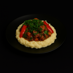 Goulash de carne estofada con vegetales rojos y puré cremoso de papas