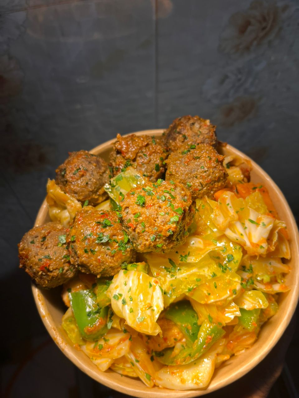Warm cabbage chicken slaw with meatballs(Tuesday- Friday)