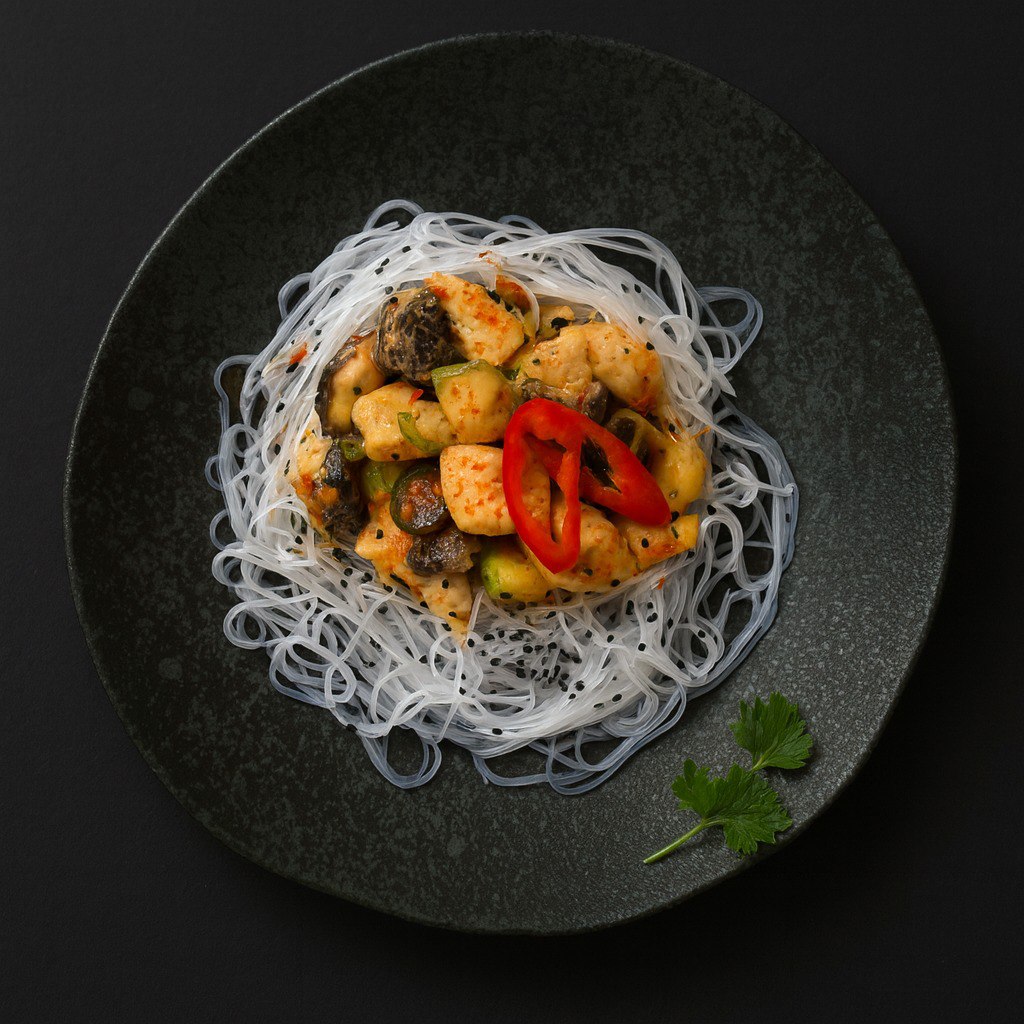 Рагу из цыпленка в тайском карри  с кокосовыми сливками, на рисовой лапше в кунжутном масле_0