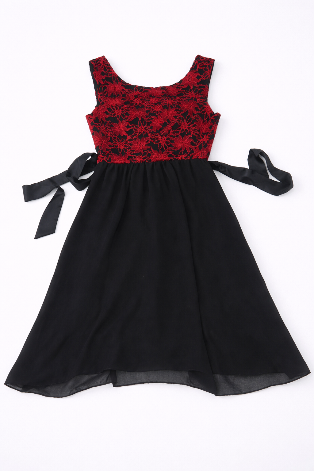 Vestido Negro y Rojo con Encaje y Lazo en Cintura - Size M_1
