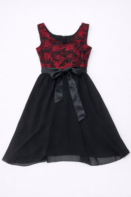 Vestido Negro y Rojo con Encaje y Lazo en Cintura - Size M