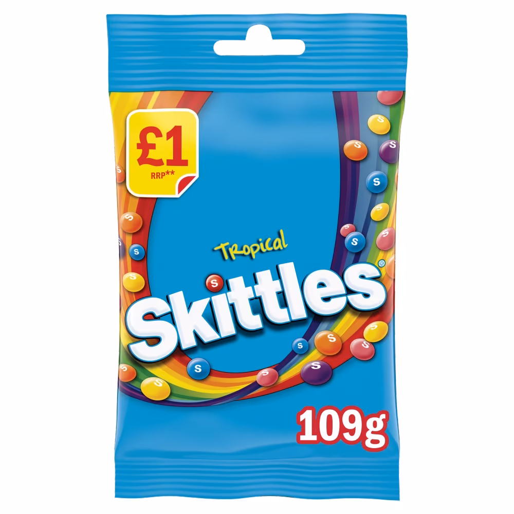 Skittles Vegan Chewy Sweets Tropical Fruit Flavoured Treat Bag 109g