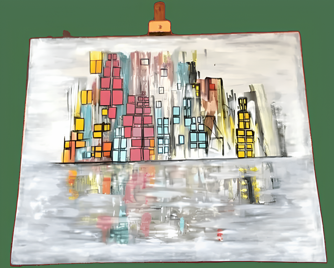 Quadro abstrato, mar e edifícios