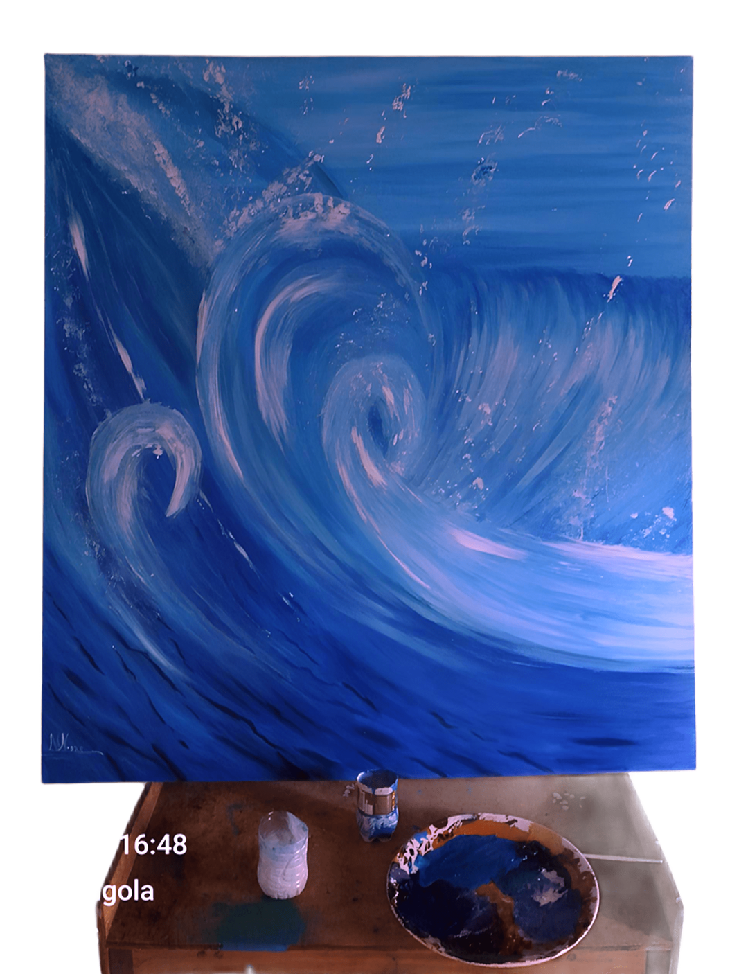 Quadro azulado, mar com ondas
