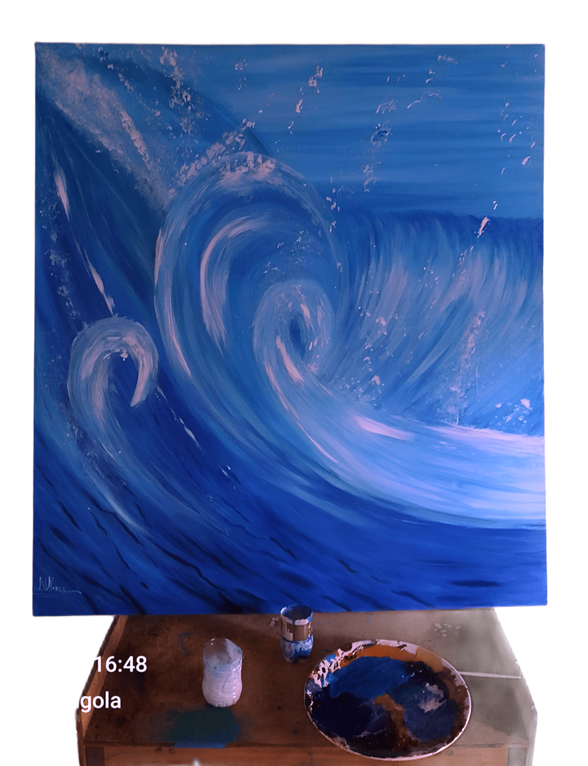Quadro azulado, mar com ondas _0