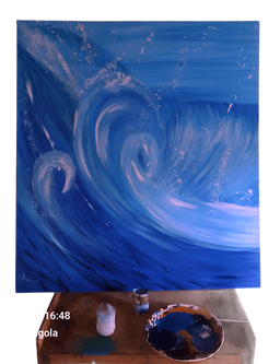 Quadro azulado, mar com ondas 