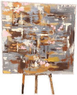 Quadro abstrato, fundo cinza com espatulados de tons marrom e, toques de dourados e prateados 