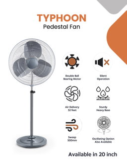 Elkance 500mm Typhoon Pedestal Oscillating Fan for home | Double Ball Bearing Powerful Motor, 32-feet Air Delivery |3-Speed Control, High Speed Stand Fan | Metal Body, Telescopic Arrangement