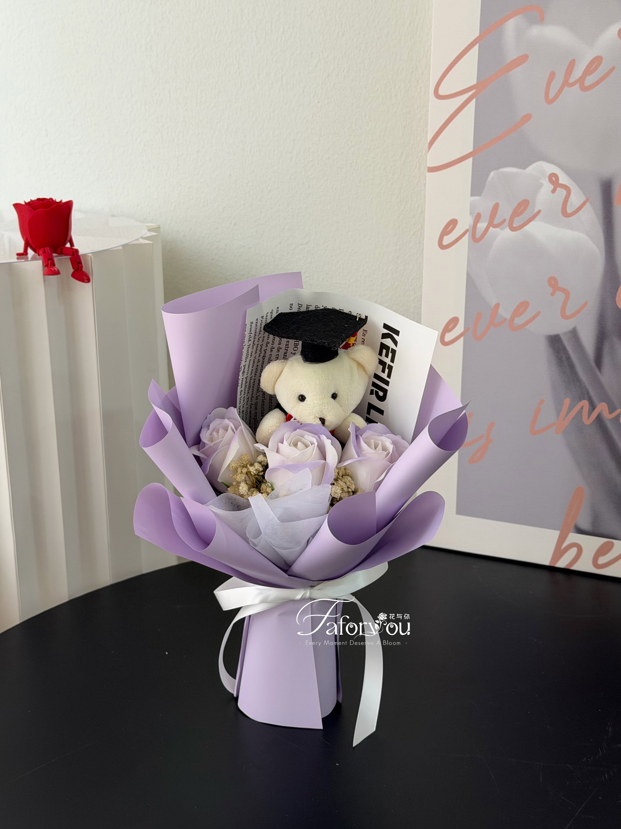 (GB020) Graduation Bear 3 Stalk Soap Rose Bouquet _1