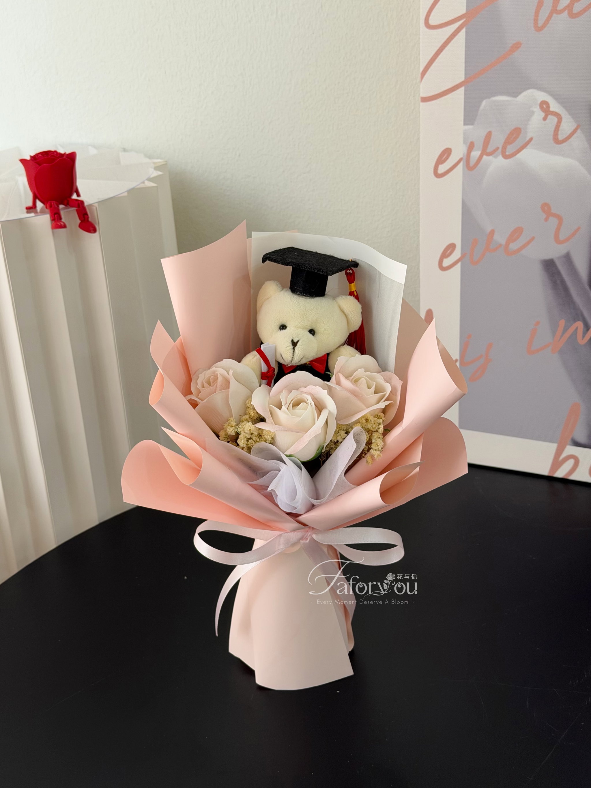 (GB020) Graduation Bear 3 Stalk Soap Rose Bouquet _3
