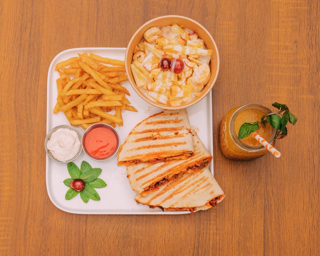 Chicken Quesadilla COMBO| Marinated Chicken Quesadilla +Sambusas,Fries or Fruit Box +Drink| NEW_0