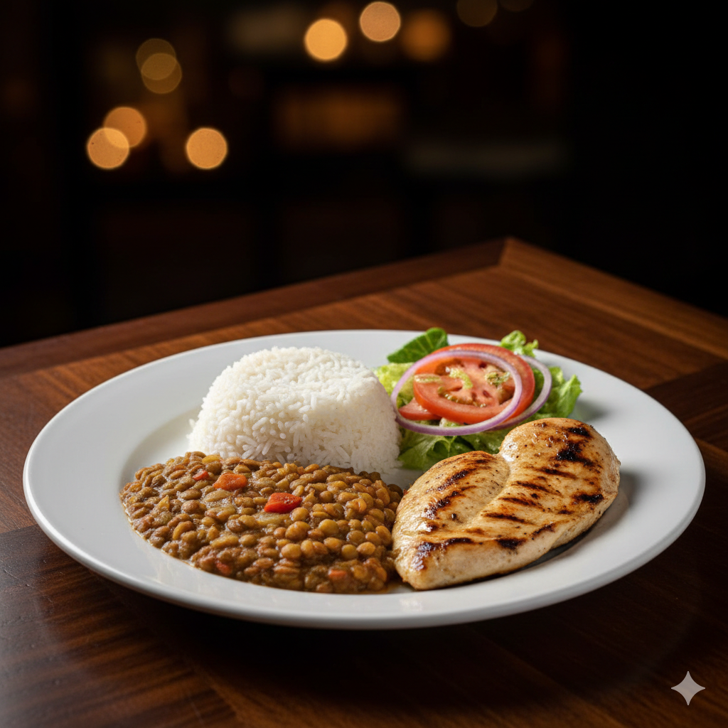 Arroz menestra y pechuga de pollo