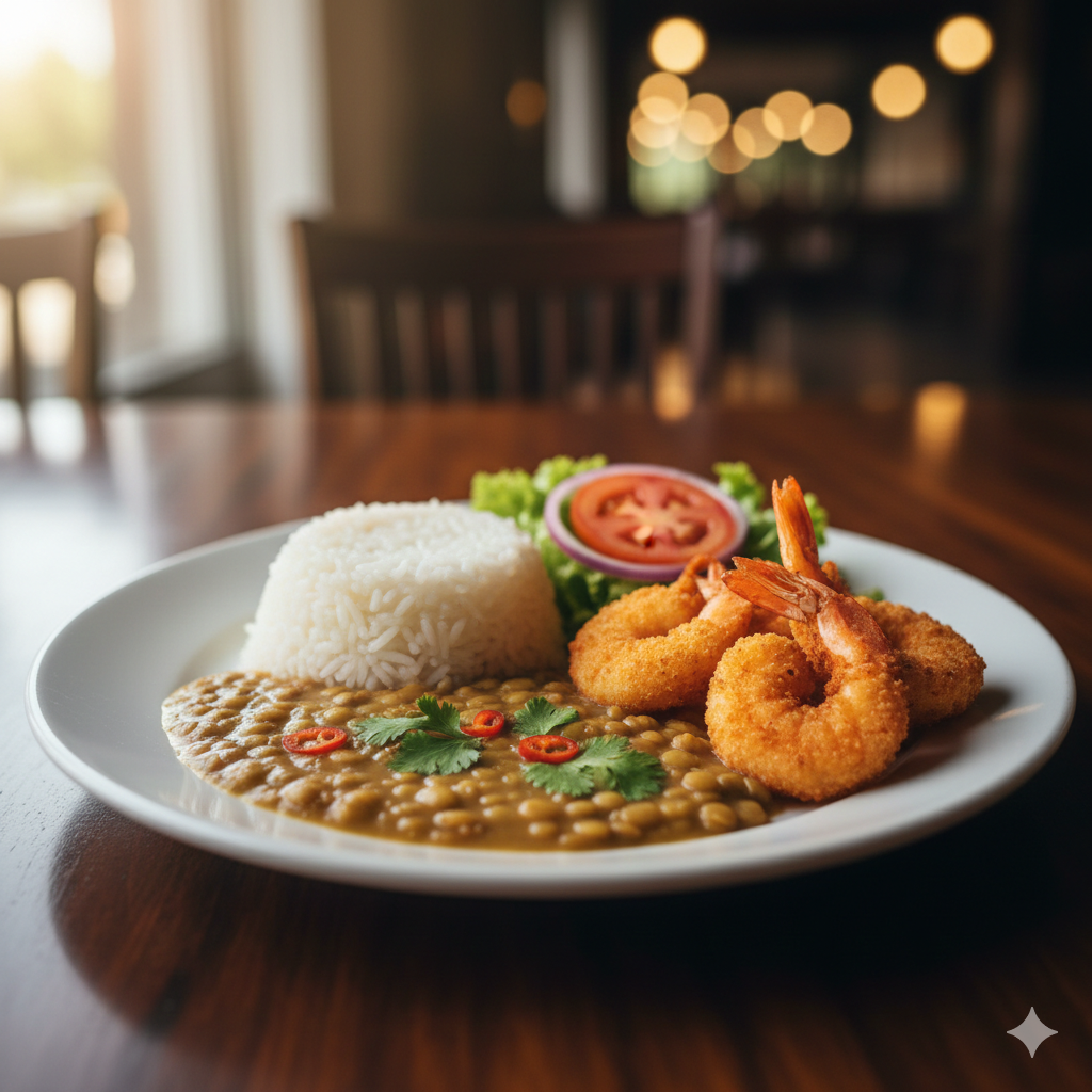 Arroz menestra y gambas rebozadas