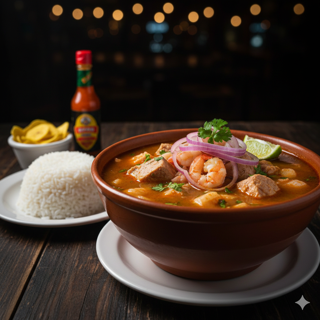 Encebollado mixto grande y porción de arroz