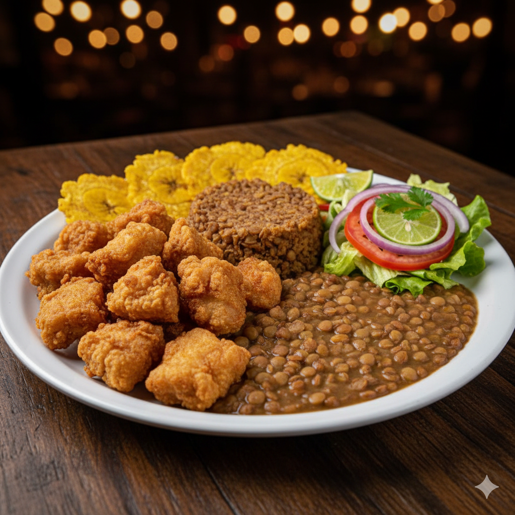 Chicharrón de pescado con patacones, ensalada y menestra