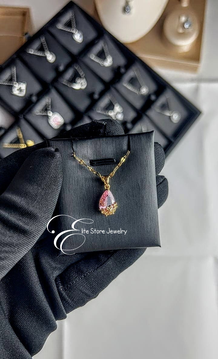 Collier Tulipe pierre Rose en acier inoxydable _0