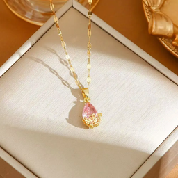 Collier Tulipe pierre Rose en acier inoxydable 