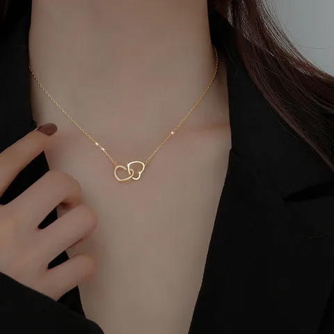 Collier double cœur,en acier inoxydable