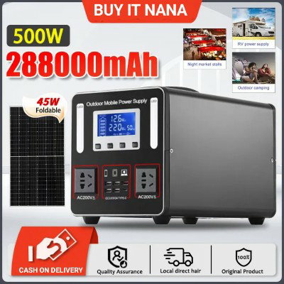 Portable 288000mAh Super Large Capacity Power Station 220V/500W Multi-Function Outdoor Solar Generator With Solar Charging Board Heavy Duty Outdoor Generator For Travel Camping Home Emergency Power Bank