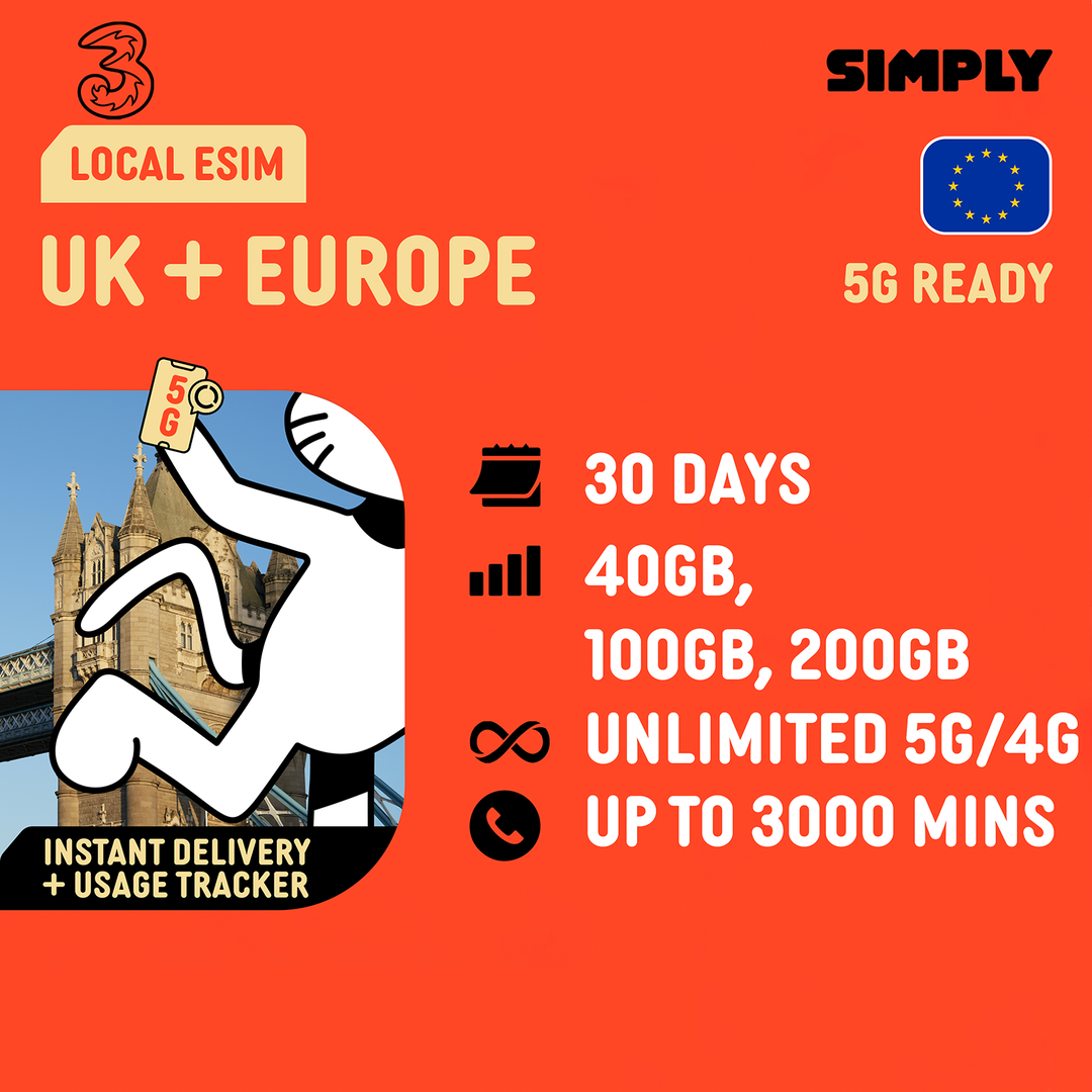SIMPLY UK + Europe (3UK) Local eSIM | 30 Days - 40GB/100GB/200GB/Unlimited + UK Calls/SMS Up to 3000 Mins