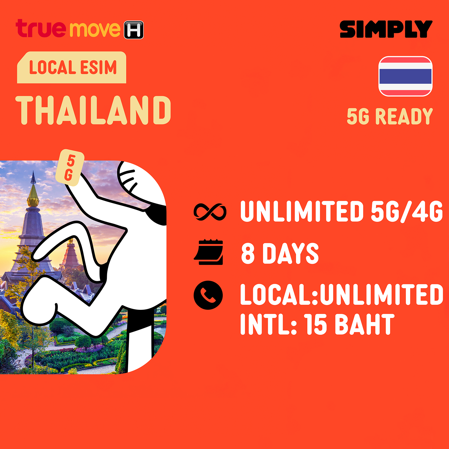 SIMPLY Thailand DTAC Local eSIM | Up to 30 Days | 3GB/15GB/50GB/Unlimited(5G/4G) Data _5