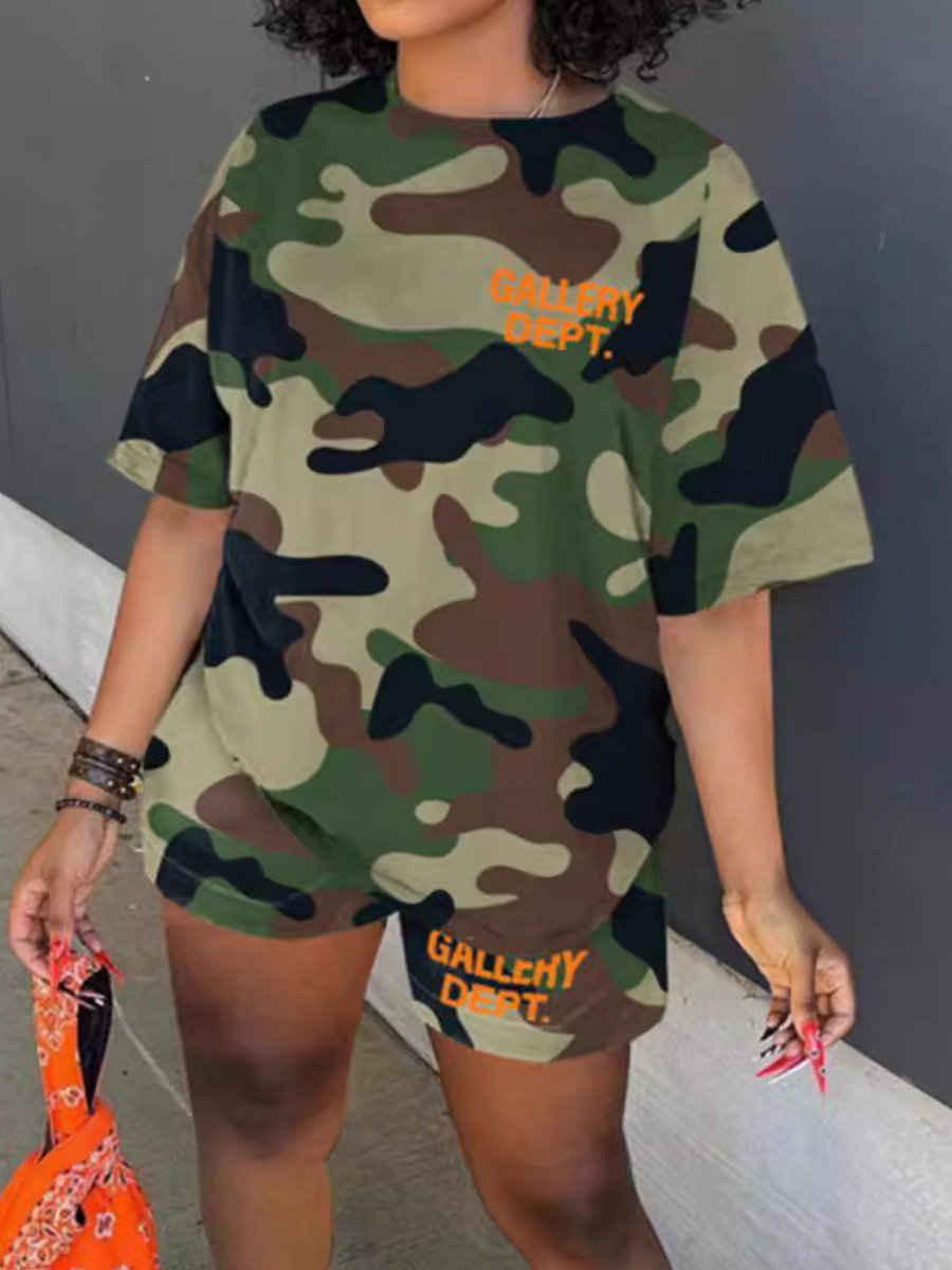  Camo Short Sleeve Two-piece Shorts Set_0