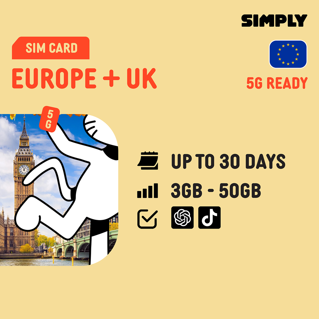 SIMPLY Europe (39 European Country) SIM | Up to 30 Days - Total 3GB-50GB+ Unlimited Data