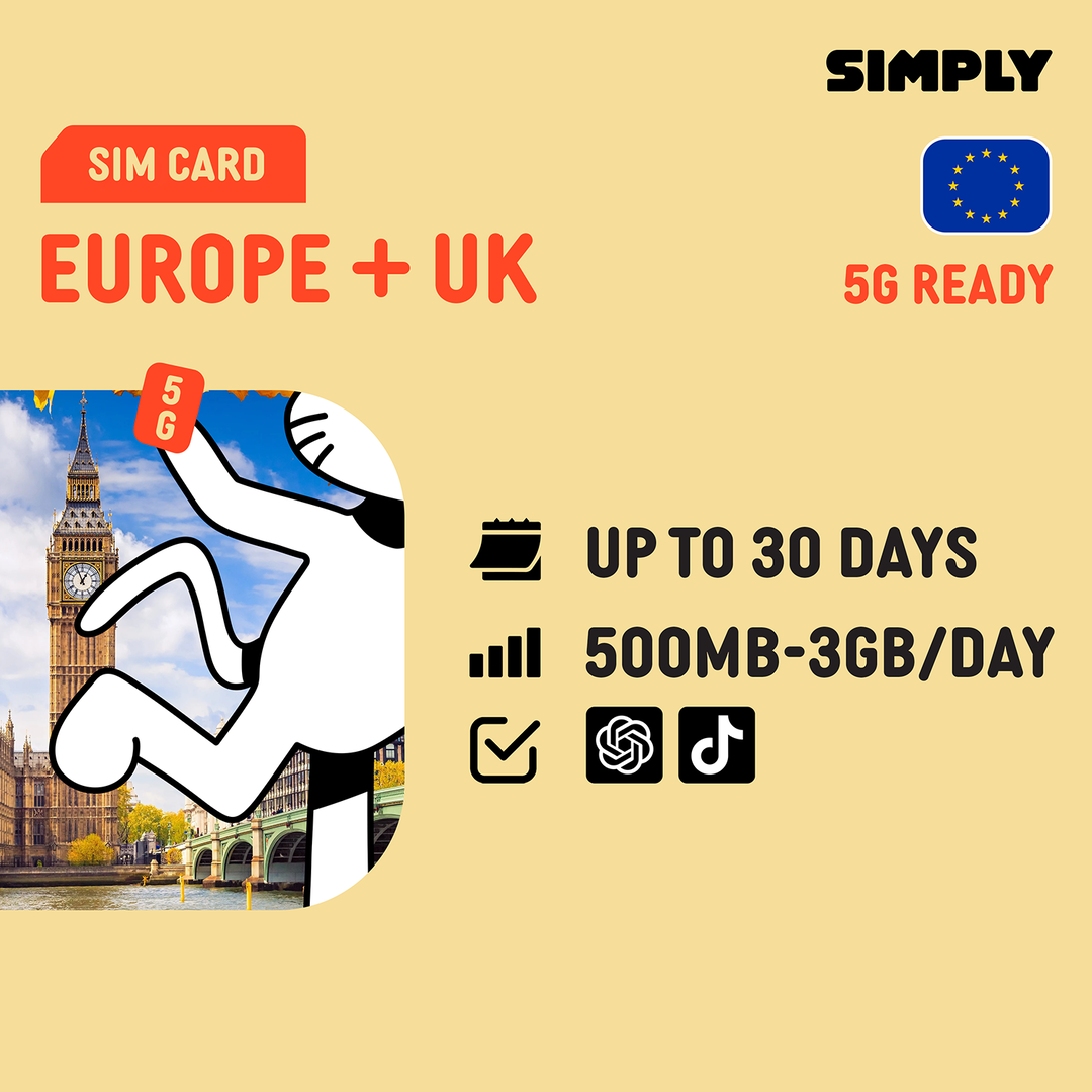 SIMPLY Europe (39 European Country) SIM | Up to 30 Days - Daily 500MB–3GB + Unlimited Data