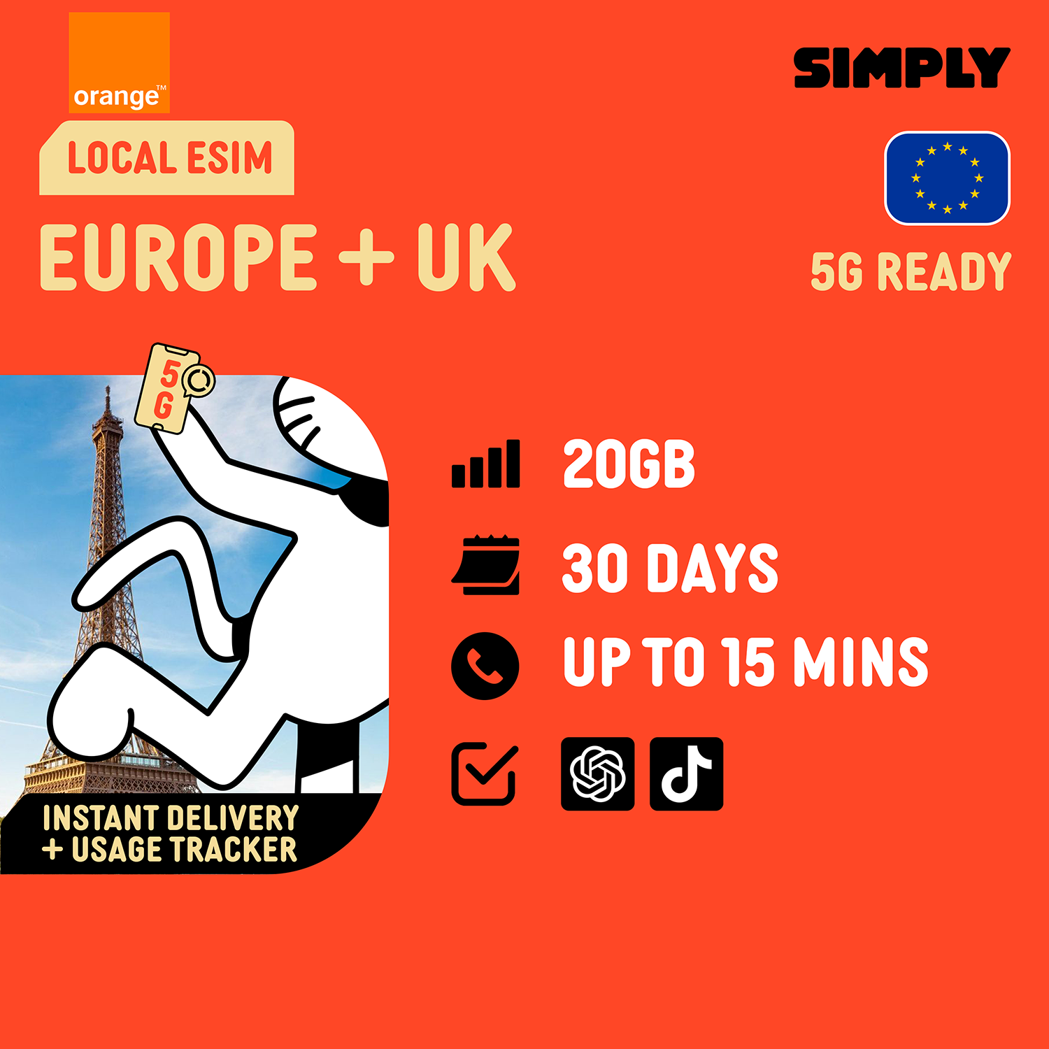 SIMPLY UK/Europe Orange World Global eSIM | 20GB 30 Days + Calls Local eSIM_9
