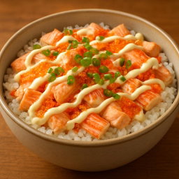 Salmon, Kani, Ebiko Sushi Bake