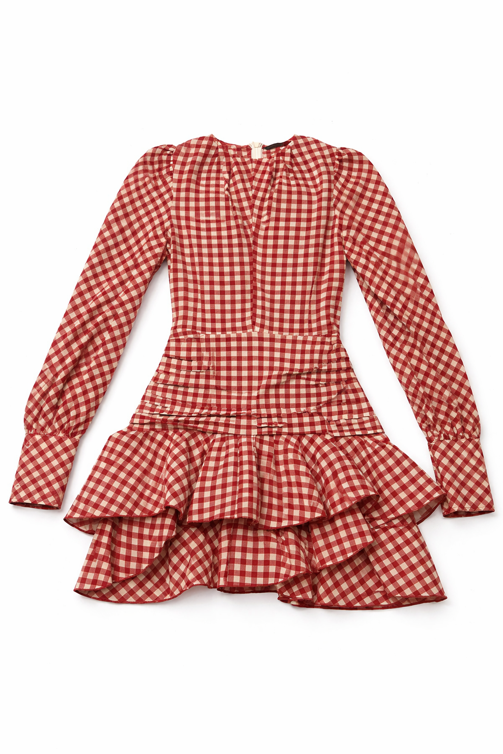 Vestido Corto Rojo a Cuadros con Mangas Largas y Falda con Volantes - Size M
