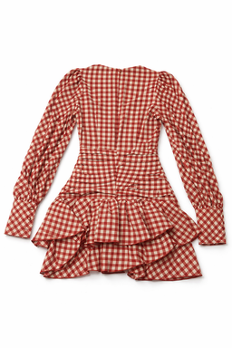 Vestido Corto Rojo a Cuadros con Mangas Largas y Falda con Volantes - Size M